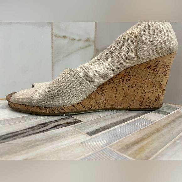 TOMS Stella Cork Wedge Sandals Womens Oatmeal Woven Open Toe Slip On Size 9 - Picture 6 of 15